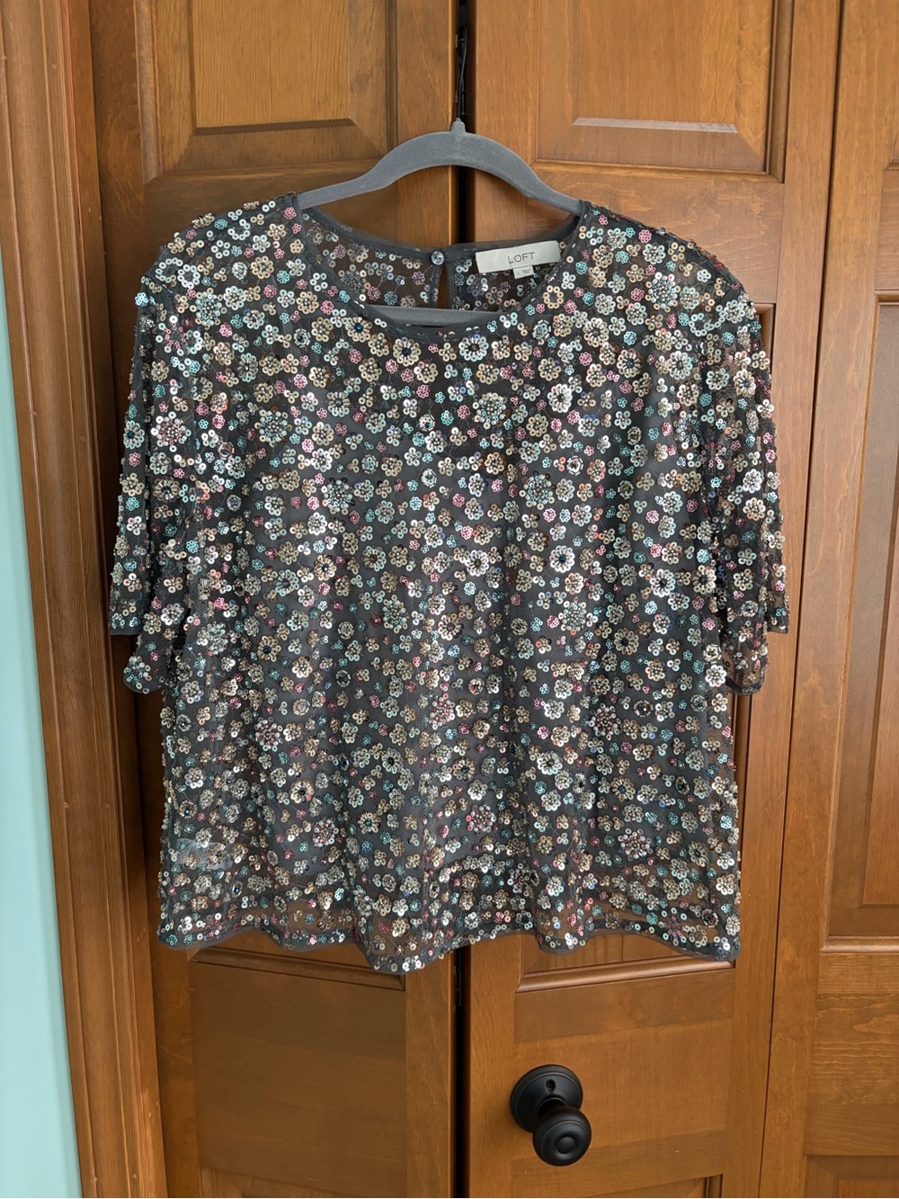 LOFT Sequined Floral Short-Sleeve Top